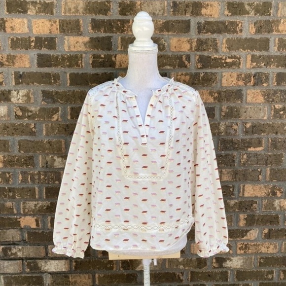 New J. Crew Point Sur Ruffle-neck Popover Metallic Clip Dot Blouse Size Medium. - Picture 1 of 4